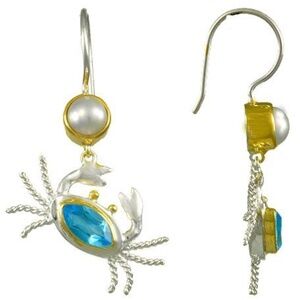 Michou Sterling Silver and 22k Gold Vermiel Blue Topaz Crab Drop Earring Pearl